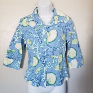 Manuel Canovas Blue Quarter Sleeve Button Up Shirt Ocean Floor Seashell Coral